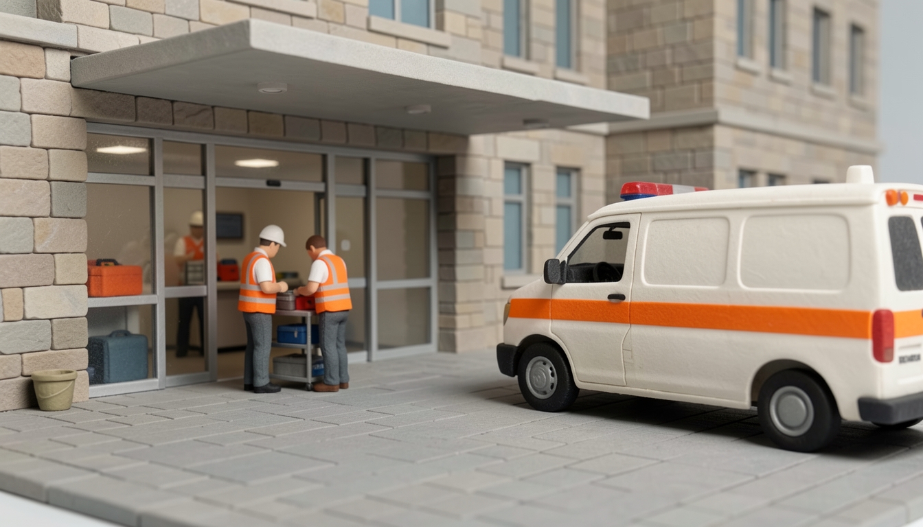 איור: אמבולנס ברחבת כניסה למרכז רפואי