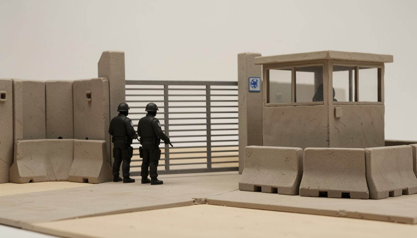 איור: מחסום אבטחה מבוצר במתחם שמור