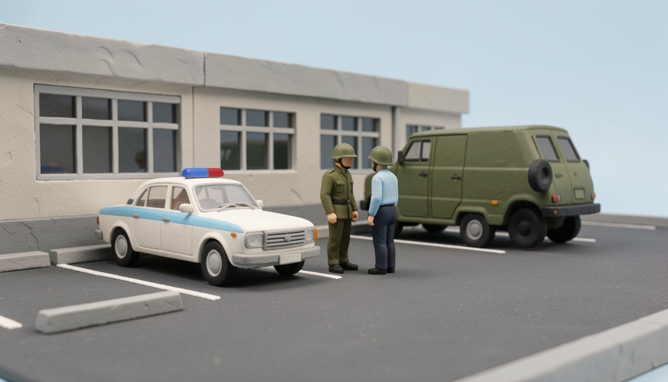 איור: רכב משטרה ורכב צבאי בחצר