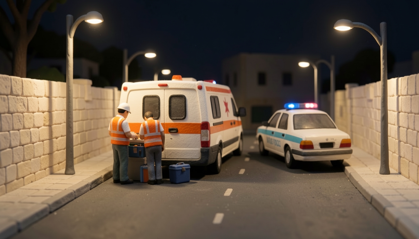 איור: רכבי חירום בלילה בדרך חברון