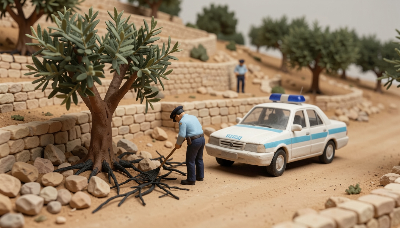 איור: ניידת משטרה במטע זיתים