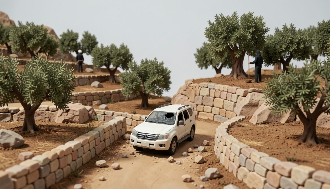איור: רכב עם שמשה מנופצת במטע זיתים